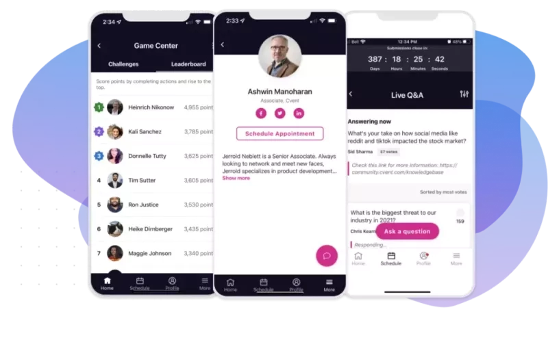 The mobile app displays a leaderboard, a profile, and a live Q&A during a virtual event.