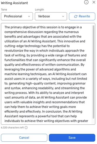 Screenshot of text generated by a writing assistant with the option to rewrite, cancel, or save.