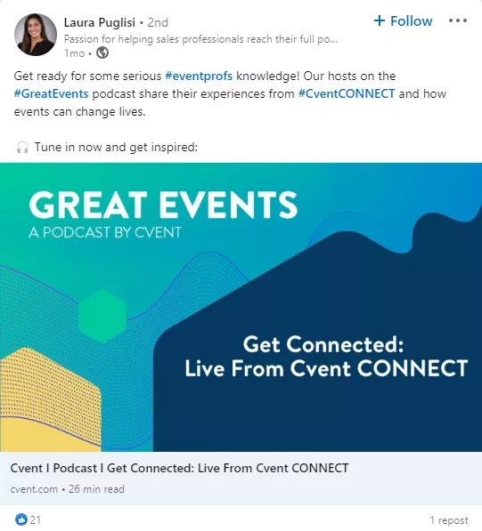 LinkedIn post with a picture of an event podcast banner and a link to the podcast.