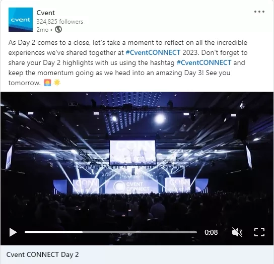 Cvent's Twitter post featuring an image of a stage with a crowd of people and a text overlay.