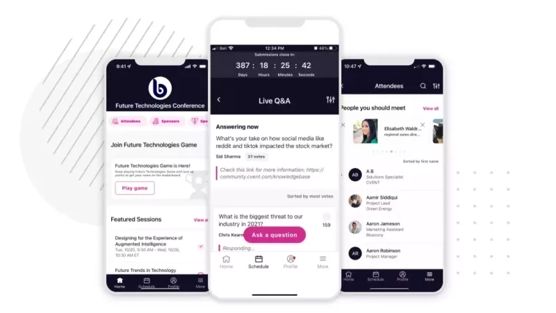 Three screens showing the mobile app for the event platform Bizzabo.