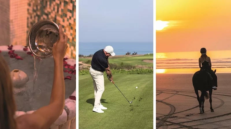 Three images of a jacuzzi, golf, and horse riding at Grand Velas Riviera Maya.