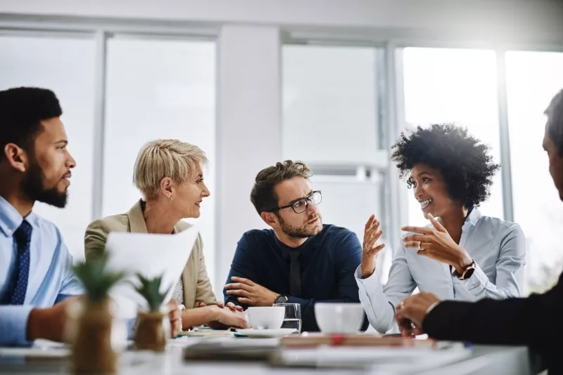 A group of business people are sitting in front of a table in a meeting room.