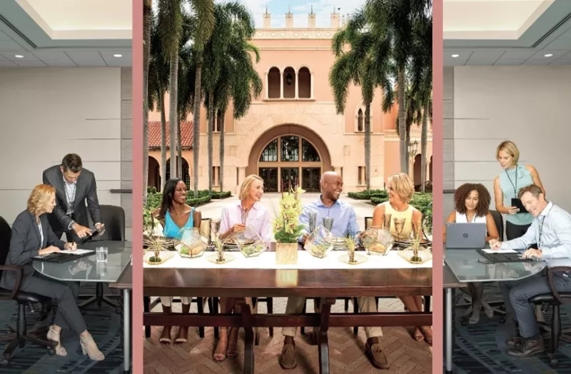 Three photos of The Breakers Palm Beach hotel, architecture, landscaping, and ambiance.