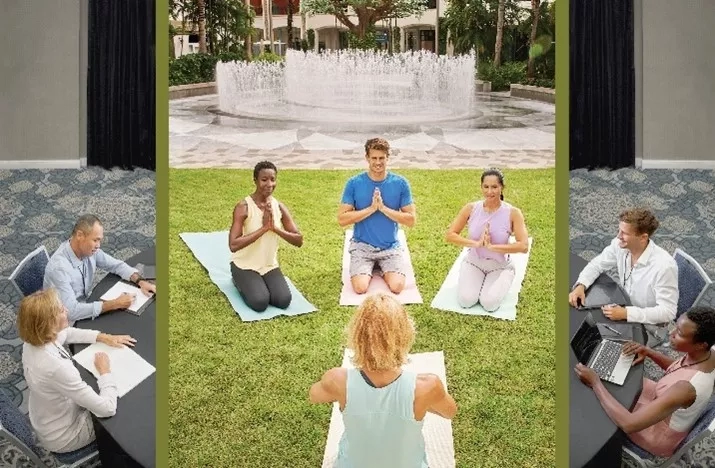 Collage of meeting room and yoga session at the JW Marriott Miami Turnberry Resort & Spa.