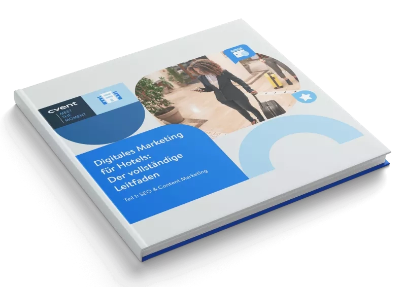 The cover of the digital marketing book for hotels showcases a woman walking and the hotel's architecture.