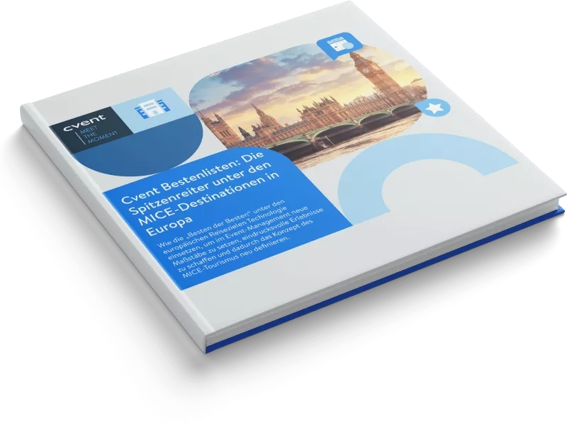 A book titled "Cvent: Bestenlisten: Die Spitzen-Destinationen in MICE Europa" with architecture and landscape image.