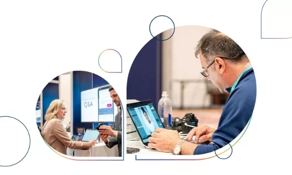 A collage of two images showing a man and woman in an office with a laptop.