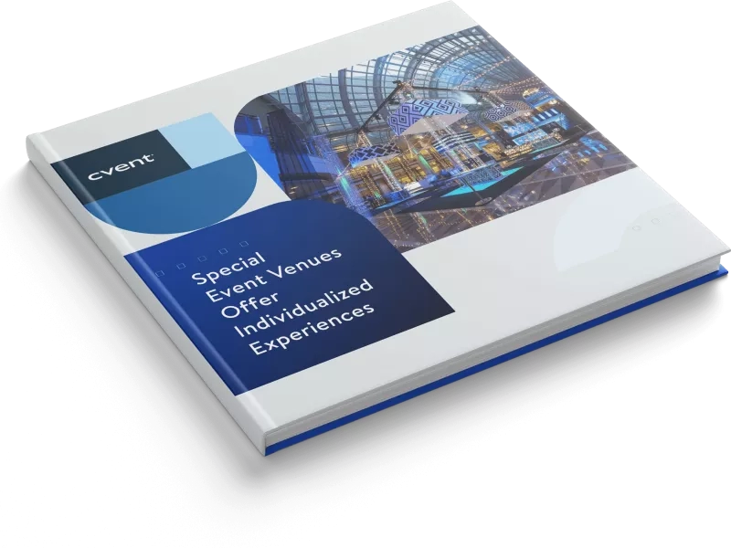 A book titled "Special Event Venues Offer Individualized Experiences" featuring architecture, landscaping, and ambiance on the cover.