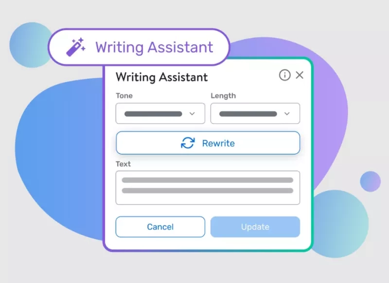 The writing assistant tool allows users to choose tone, length, and rewrite text with a cancel or update option.