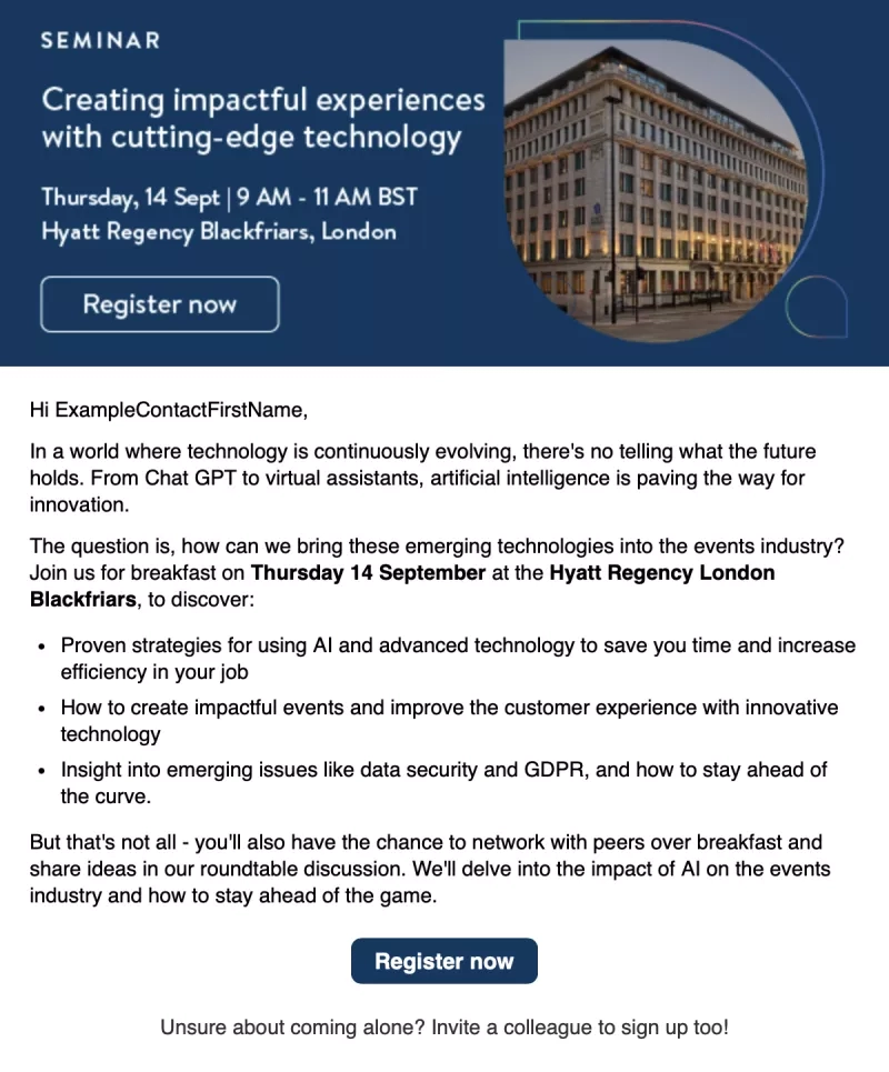 The Hyatt Regency London Blackfriars building with seminar information on the left side of the image.