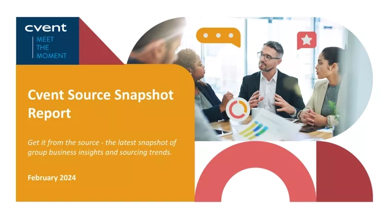 Cvent Source Snapshot Report cover page showing a group of people meeting in an office.