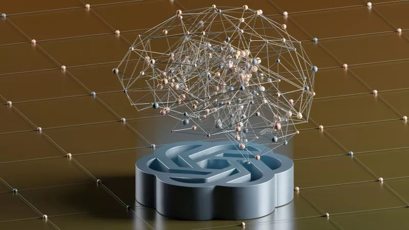 An abstract design with a maze-like structure and a network of interconnected nodes and lines.