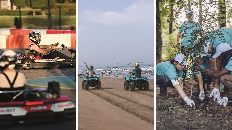 Three photos of people racing go-karts, riding ATVs on the beach, and planting trees.