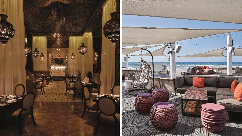 Collage of interior and exterior of a resort showing ambiance, architecture, landscaping, and furniture.