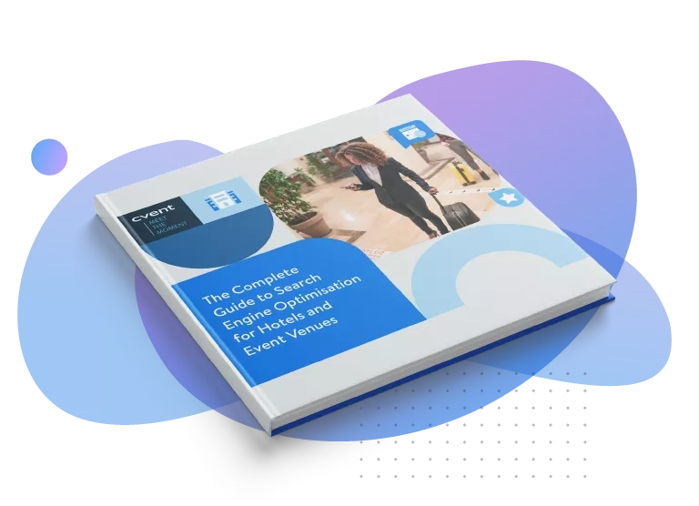 SEO guide for hotels on a blue and white background with a woman and suitcase.