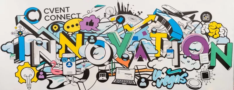 Graffiti style drawing of innovation and event connect with icons and objects for a conference theme.
