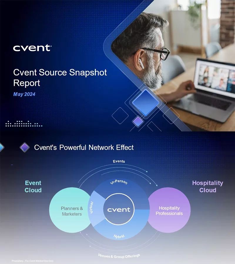 Cvent Source Snapshot Report May 2024 with a man working on a laptop.