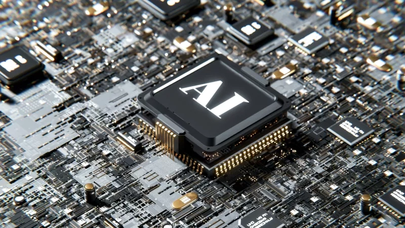 AI chip on a circuit board with the letter A in the center of the chip.
