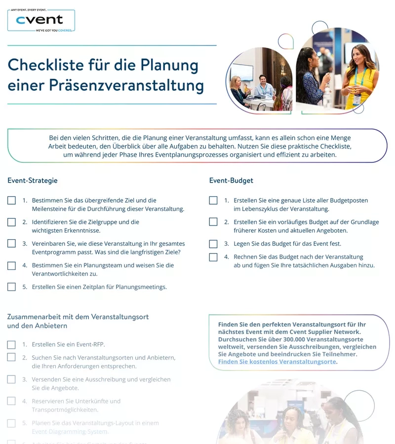 Infographics of a checklist for planning a presentation with a focus on event strategy, budget, and supplier selection.
