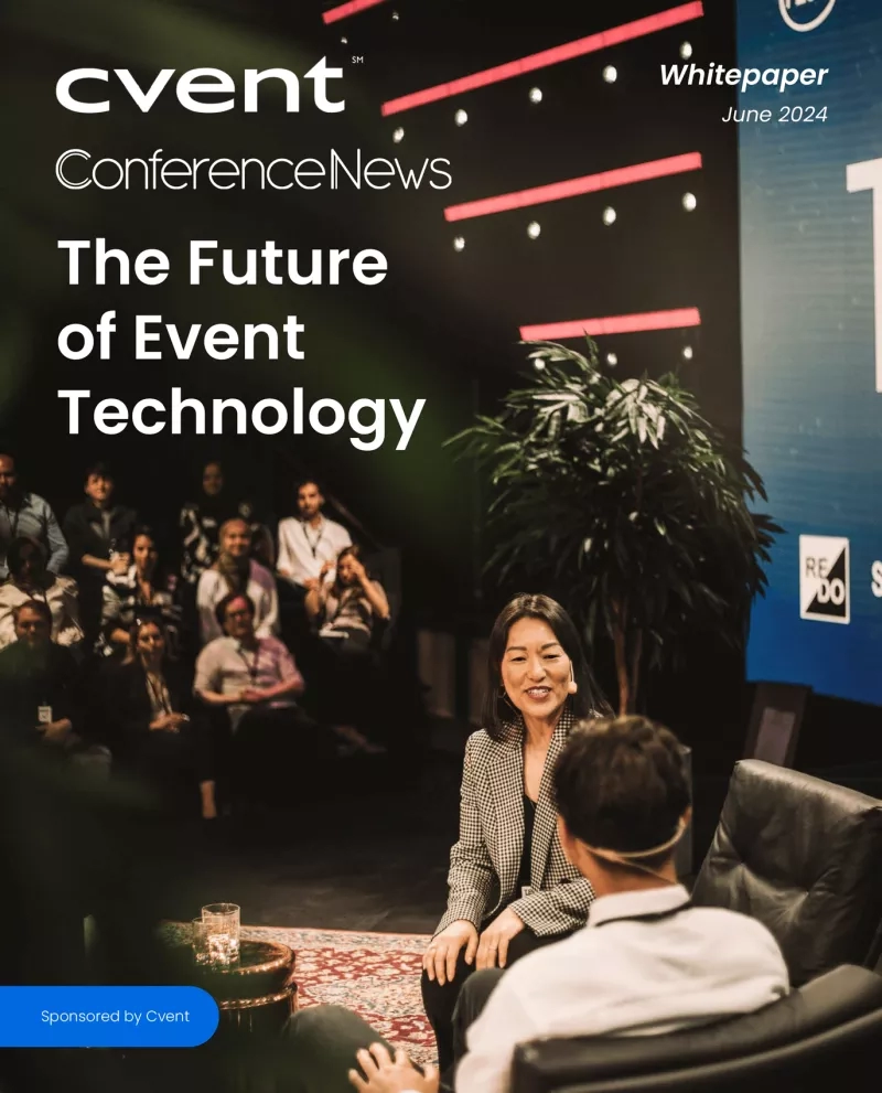 Future event technology whitepaper cover image featuring people, plants, architecture, and a bright ambiance.
