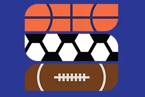 Illustration of three sports balls, basketball, football, and soccer on a blue background.