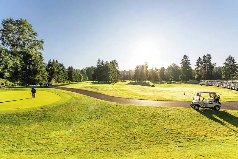 Foster Golf Links: Golfers playing on a sunny day with trees and golf carts on the course.