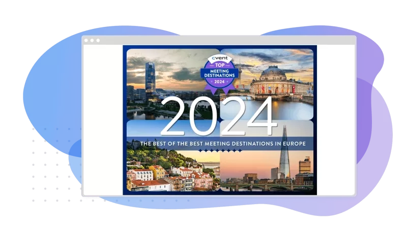 A website screenshot with a title and pictures of the best meeting destinations in Europe for 2024.
