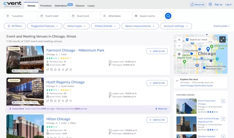 CSN New Search with Instant Book, displaying event and meeting venues in Chicago, Illinois, with filters and map integration.
