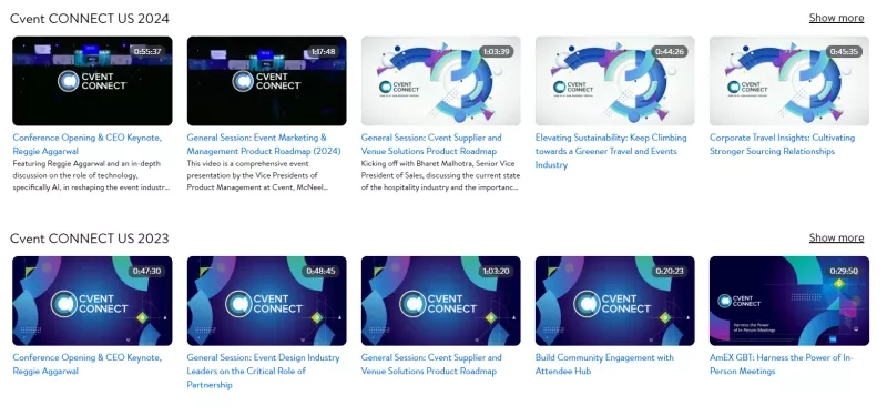 Cvent Connect 2023 and 2024 event session details with title, description, and duration.