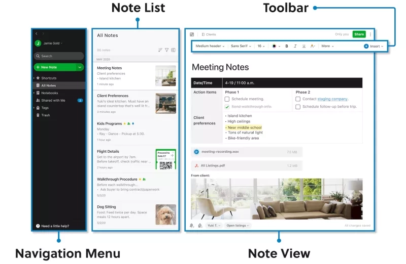 The Evernote interface with a note view, toolbar, and navigation menu.