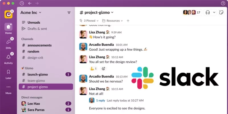 Slack screenshot showing a list of unread messages and channels on the left side of the screen.