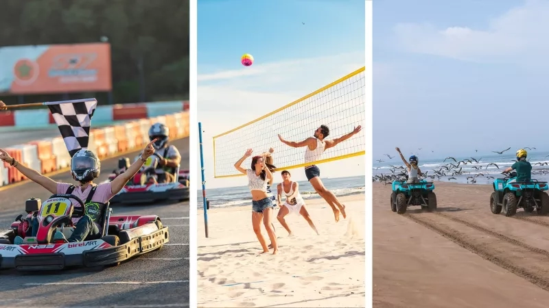 Three photos of activities at a resort, including racing, volleyball, and ATV riding.