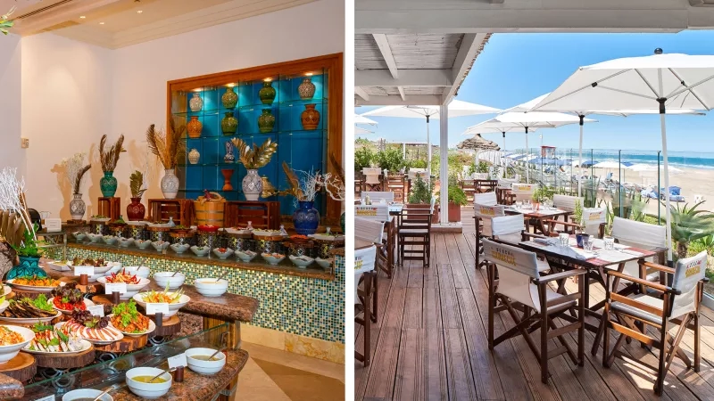 Two images of restaurant and beach bar with outdoor seating and view of beach at Hotel Baia.