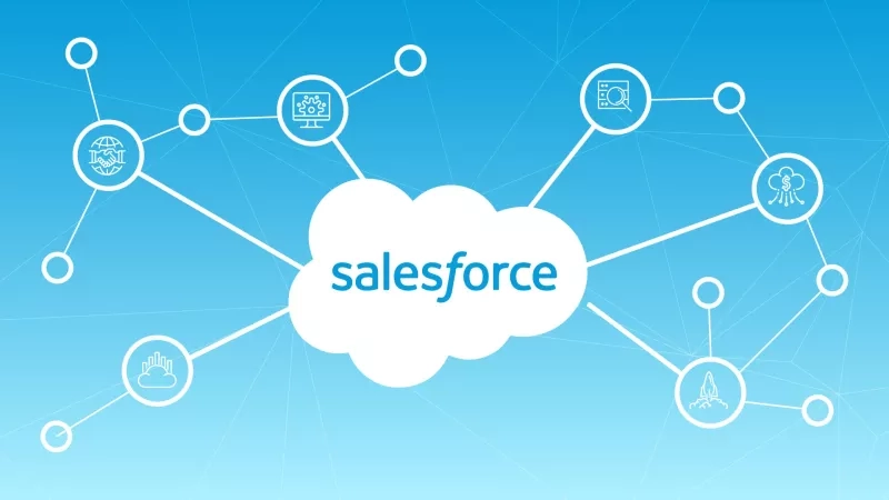Salesforce cloud illustration with icons, text, and blue background for Salesforce CRM consulting.
