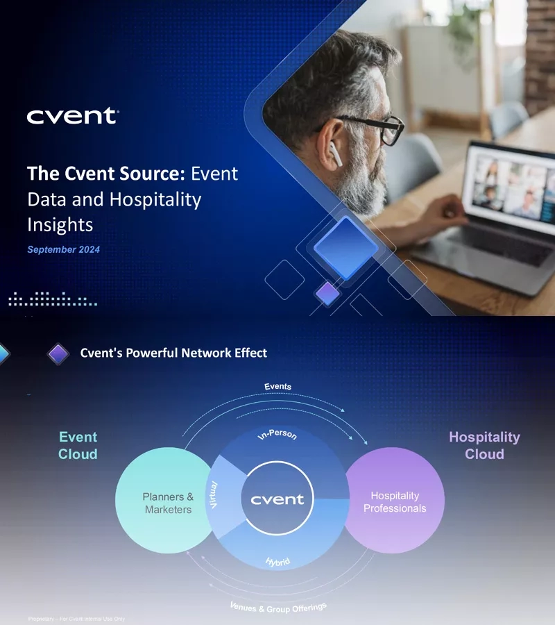 A man with a beard and glasses using a laptop and working on Cvent's powerful network effect.
