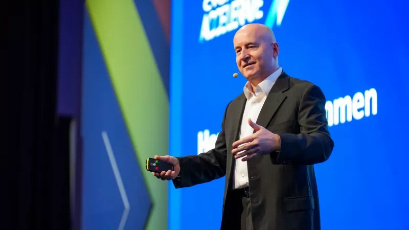 Andreas Heckmann, VP, EMEA at Cvent, gives an opening speech at Accelerate 2023 in Berlin.