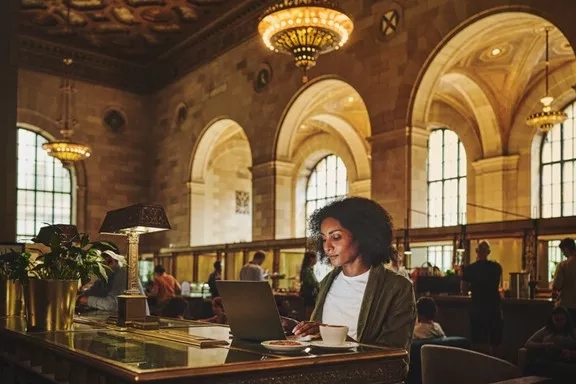 A woman is working in the lobby of Grand Central Terminal in New York City.