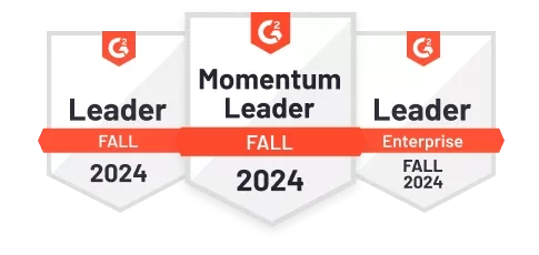 Three G2 badges for Leader, Momentum Leader, and Enterprise Leader for the Fall of 2024.