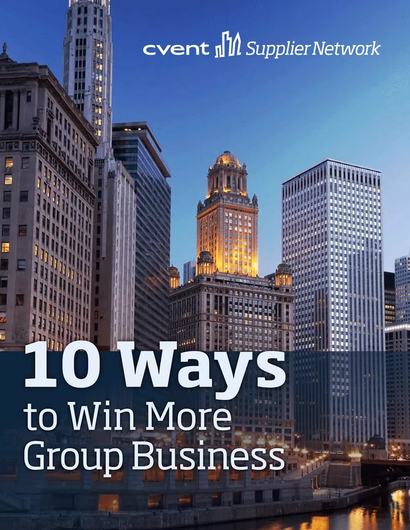 Poster of 10 ways to win more group business with event supplier network and city skyline image.