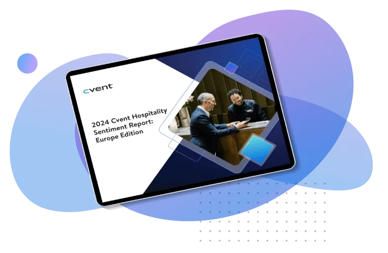 The Cvent 2024 Hospitality Sentiment Report is displayed on a tablet in a mockup with a blue background.