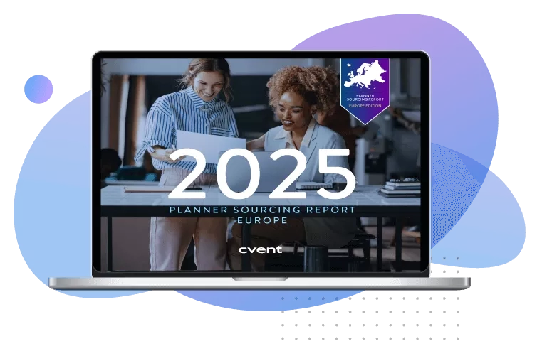 Laptop displaying Planner Sourcing Report Europe 2025 with two women on screen and a badge