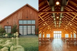 Exterior and interior of a building with glass doors, wooden floors, and a garden.