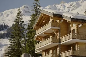 The Chalet Alpina, a wooden building with balconies, is surrounded by snow-covered mountains and trees.