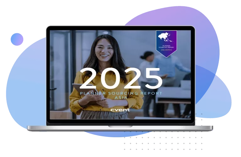 Planner Sourcing Report 2025 Asia edition on a laptop with a woman holding a tablet in the background.