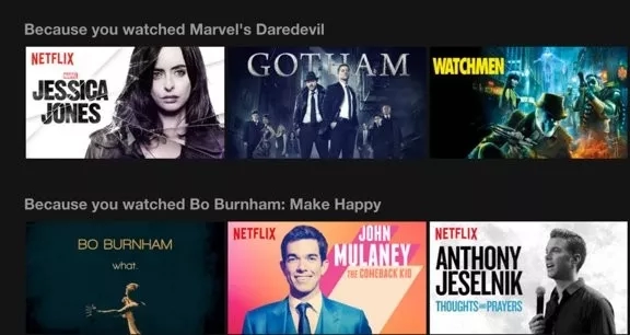 Netflix screenshot showing movie recommendations based on your previous movie selections.