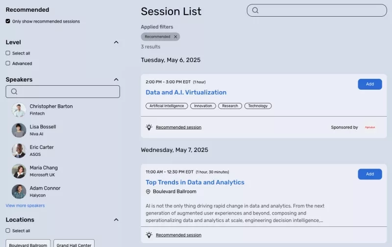 A screenshot of the Session Recommendations page with recommended sessions, speakers, and locations listed.