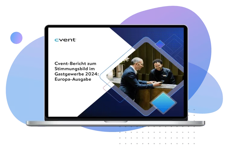 Laptop mockup with an image of two people and the text "Cvent-Bericht zum Stimmungsbild im Gastgewerbe 2024: Europa-Ausgabe"