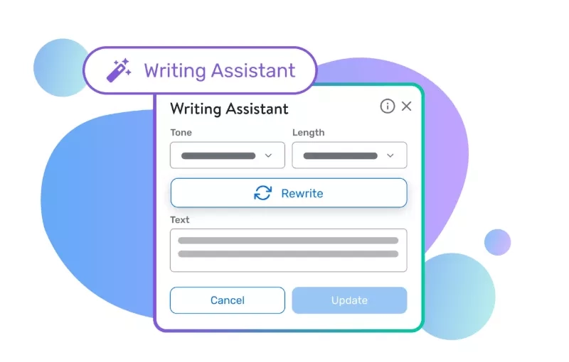 An illustration of the writing assistant feature in the Cvent mobile app, highlighting the rewrite function.