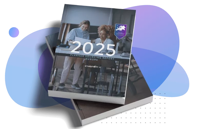 2025 Planner Sourcing Report Europa event book on top of another book with a black background and blue circles.